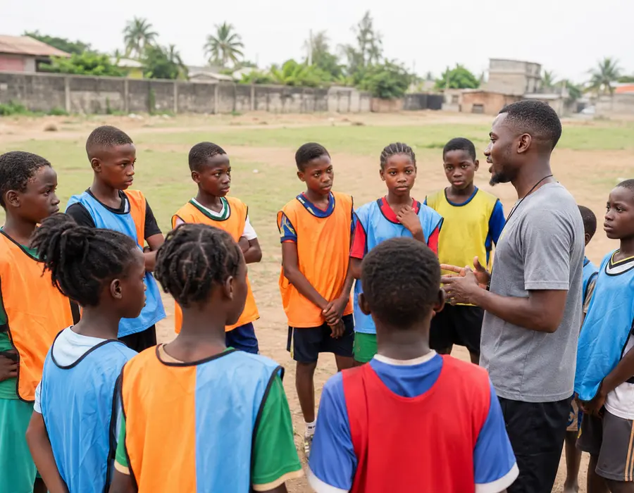 Jeunes footballeurs accompagnés par leur éducateur
