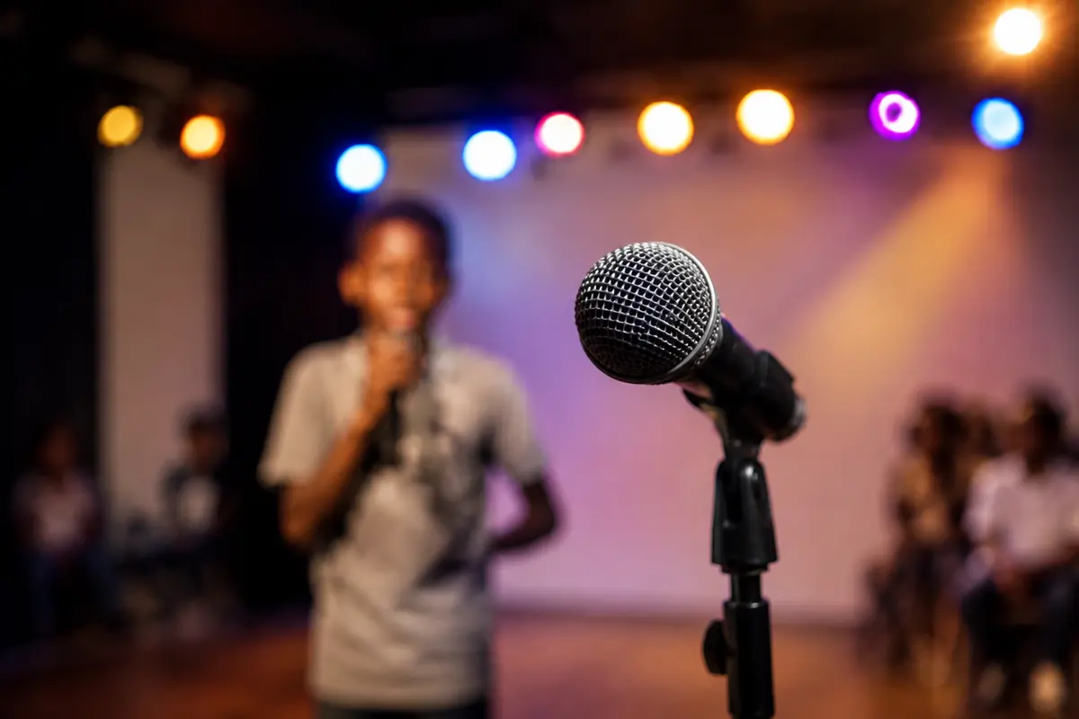 Jeune talent sur scène pendant Bénin Stand-Up Kids