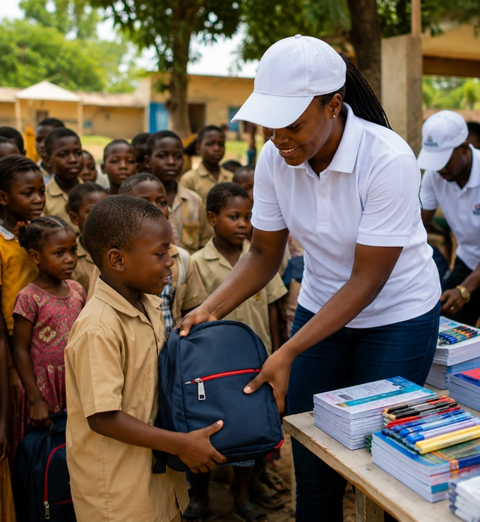 Distribution de fournitures à des enfants par l’ONG Dream Team